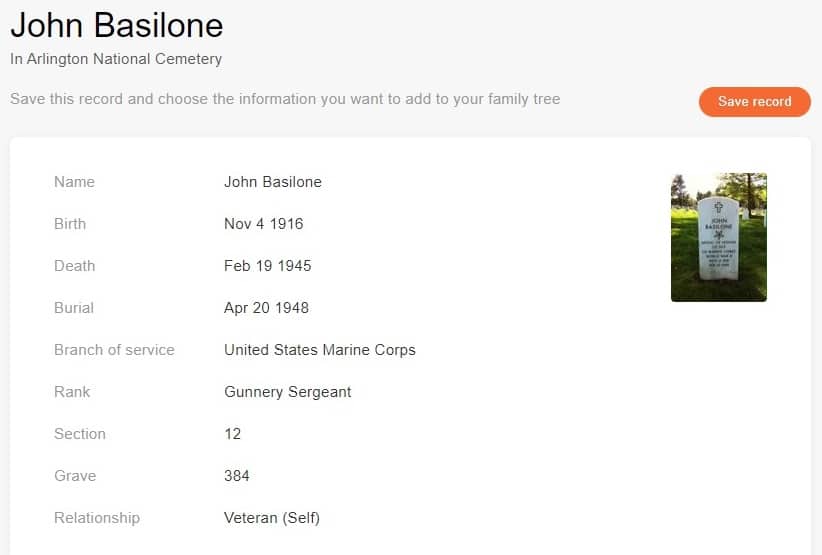 רשומת בית הקברות של ג'ון בזילון [מתוך אוסף בית הקברות הלאומי של ארלינגטון באתר MyHeritage]