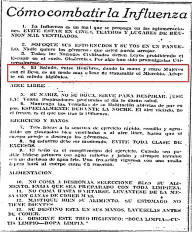 ״לחיצת יד ונשיקה עלולות להעביר את הנגיף מאדם לאדם״. עמוד השער של El Nacional המקסיקני, 8 בנובמבר 1918