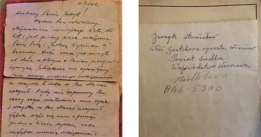 אחד המכתבים והמעטפה הממוענת לסטניסלב יוז'יק, שנשלחו מן האחיות שהציל