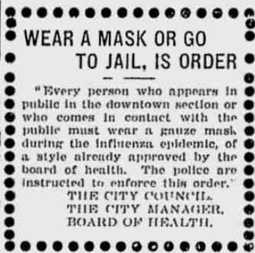 מסיכה או כלא. עיתון ה-Evening News מה-25 באוקטובר 1918