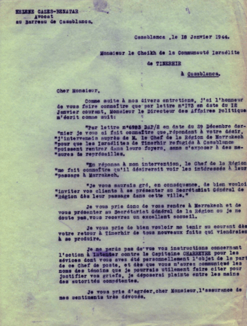 המסמך שכתבה בן עטר לנציג השלטון במרוקו, 1944