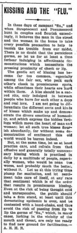 ״הנשיקה הפכה למנהג נפוץ מדי, אפשר להסתפק בלחיצת יד״. עיתון ה-Daily News האוסטרלי, 26 במרץ 1919