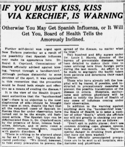 ״תתנשקו דרך ממחטה״. עיתון ה-New York Sun מתאריך ה-17 באוגוסט 1918