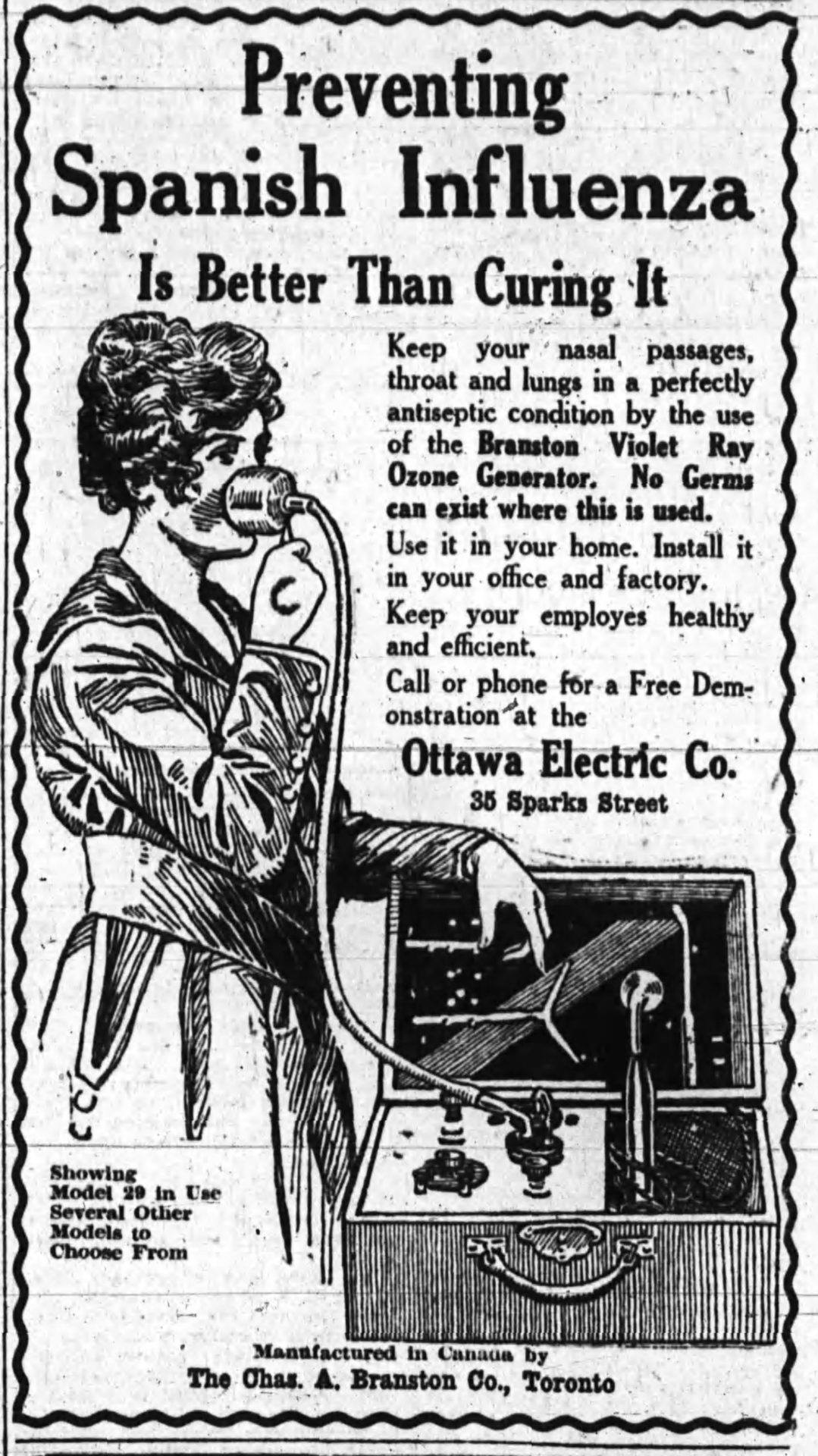 לבית ולמשרד: מכשיר לטיהור דרכי נשימה (The Ottawa Journal, אוקטובר 1918)