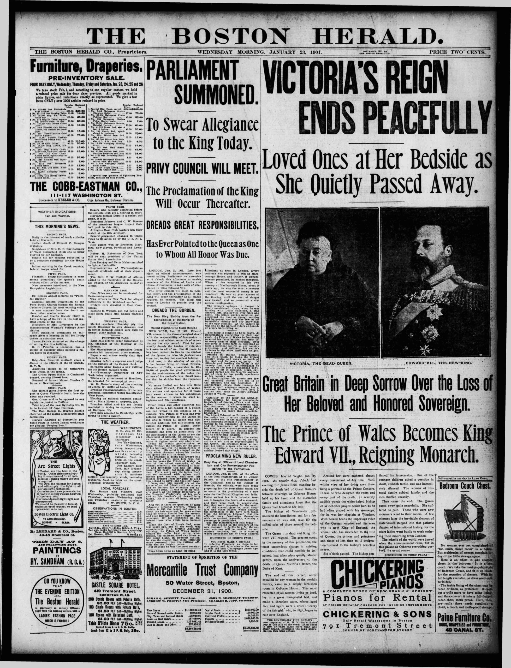 כותרת העיתון בוסטון הראלד מה 23 בינואר, 1901, מבשרת על מותה של המלכה ויקטוריה, 