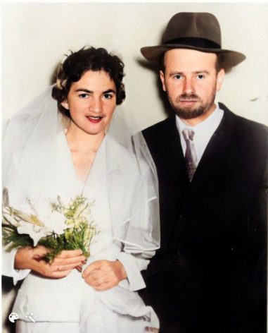 תמונת החתונה של סבא וסבתא של מיכל אנסקי, פרופי׳ חיים גבריהו וחנה לבית דוידוביץ (מתוך הספר ״תולדות משפחת גבריהו-גוטסמן״, צביעה ושיפור תמונה: MyHeritage)