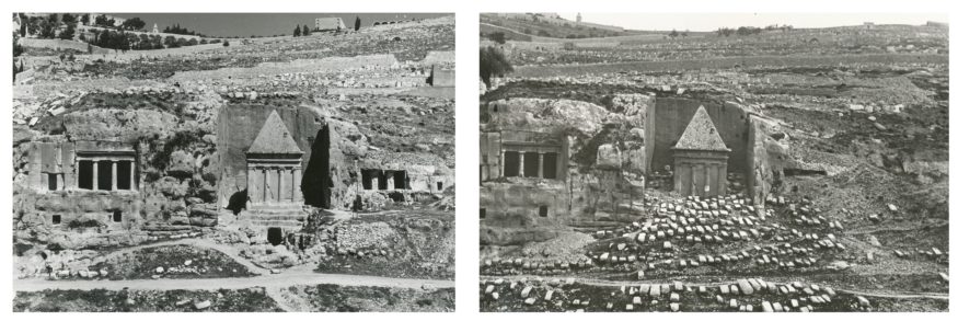 מימין: המצבות פזורות בהר הזיתים לפני הכיבוש הירדני. משמאל: הרס המצבות לאחר הכיבוש הירדני נראה היטב