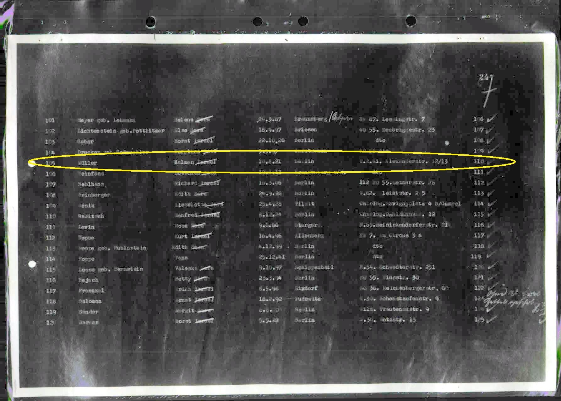 משלוח מספר 6 מברלין לאושוויץ. קלמן מילר, דודו של יוחי שנספה במחנה (מוקף בצהוב)
